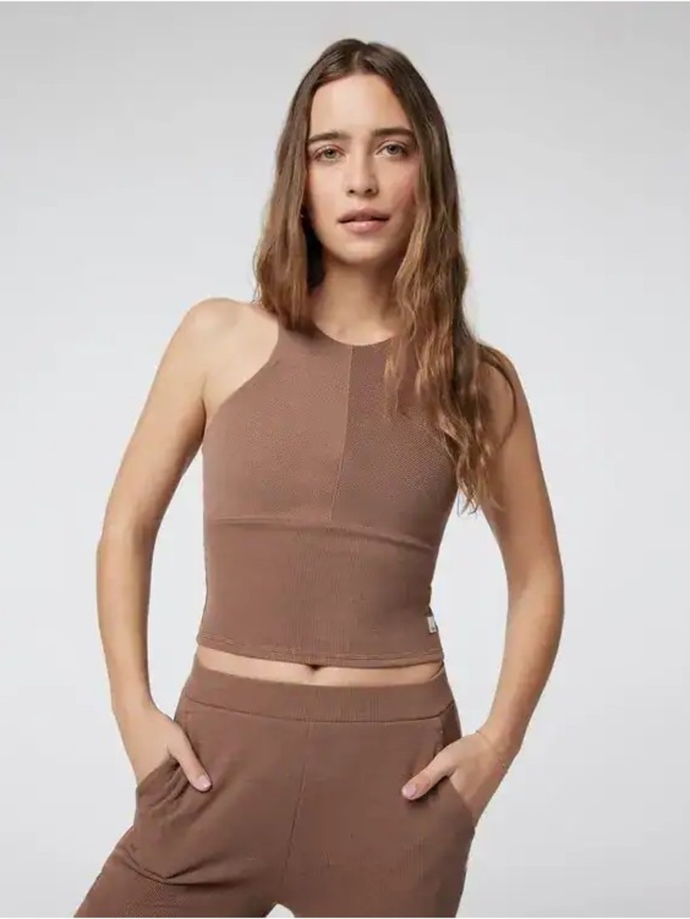 Vuori Aston Rib Crop Top Almond Built-In Shelf Bra Ribbed Tank
